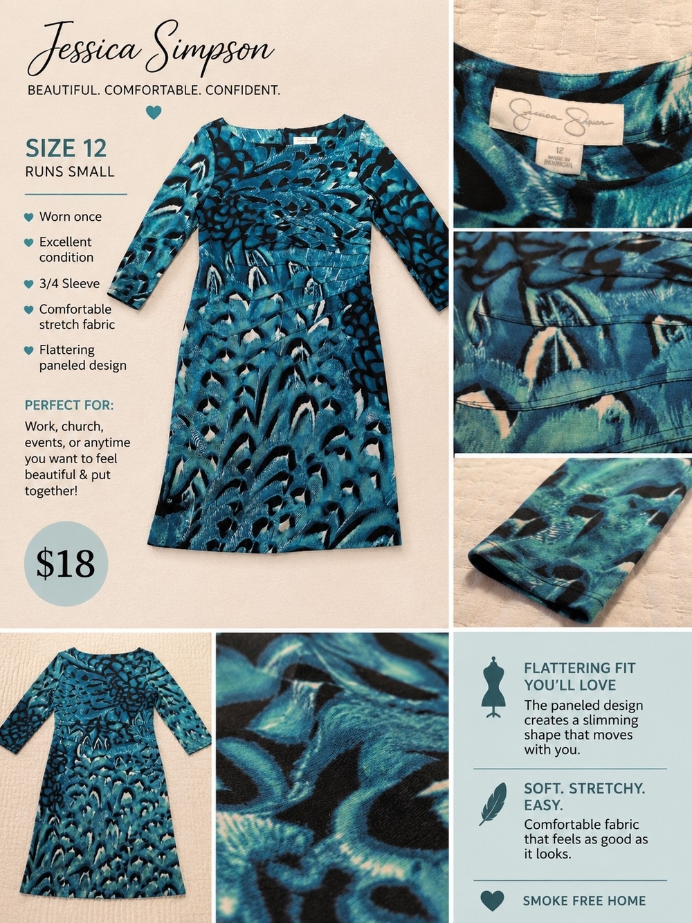 Jessica Simpson Blue Print Sheath Dress | Size 12 (Runs Small) | 3/4 Sleeve